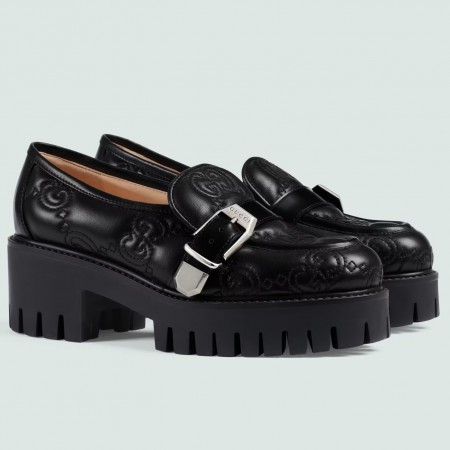 Gucci Women's Lug Sole Loafers in Black Matelasse Leather Leather