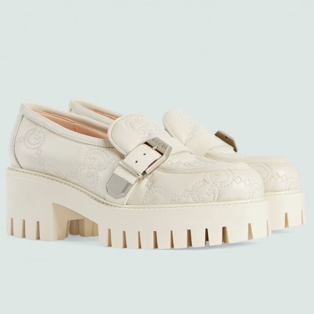 Gucci Women's Lug Sole Loafers in White Matelasse Leather Leather