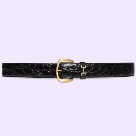 Gucci Crystal Horsebit Belt 30MM in Black Crocodile Embossed Leather