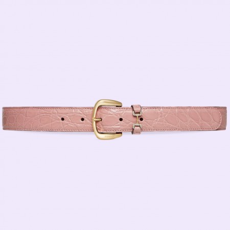 Gucci Crystal Horsebit Belt 30MM in Pink Crocodile Embossed Leather