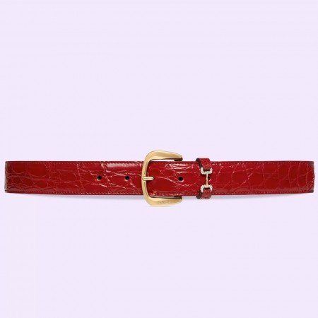 Gucci Crystal Horsebit Belt 30MM in Red Crocodile Embossed Leather