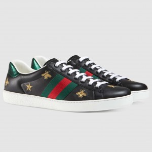 Gucci Men's Ace Sneakers in Black Leather with Bee and Star