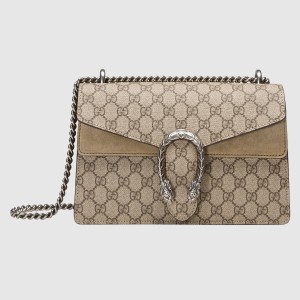 Gucci Dionysus Small Shoulder Bag in GG Canvas with Taupe Suede
