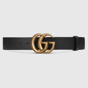 Gucci Black Leather Belt 38MM with Antiqued Brass Double G Buckle