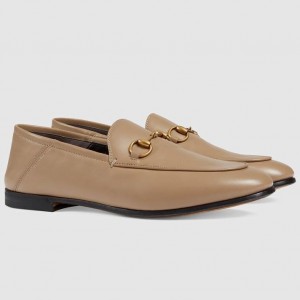 Gucci Women's Foldable Slim Horsebit Loafers in Beige Leather