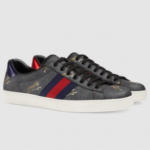 Gucci Men's Ace Sneakers in Black GG Canvas with Tigers Print