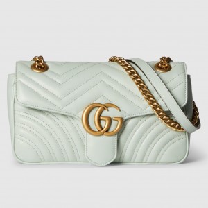 Gucci GG Marmont Small Shoulder Bag in Pale Green Chevron Leather