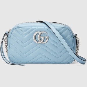 Gucci GG Marmont Small Camera Bag in Pastel Blue Chevron Leather