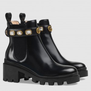 Gucci Ankle Boots in Black Leather with Crystals Strap