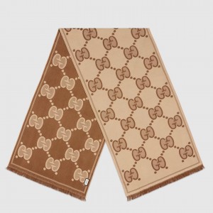 Gucci GG Jacquard Wool Scarf in Brown and Beige