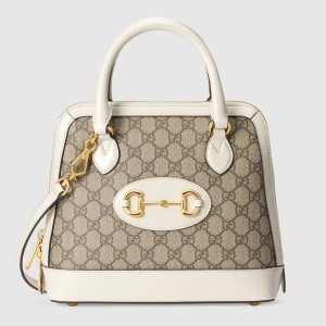 Gucci Horsebit 1955 Small Top Handle Bag in GG Canvas with White Leather