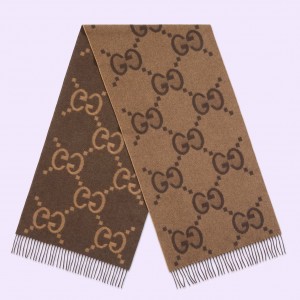 Gucci GG Cashmere Jacquard Scarf in Beige and Brown