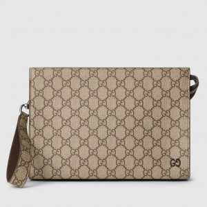 Gucci Portfolio Pouch in Beige Supreme Canvas with Brown Leather