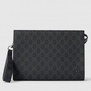 Gucci Portfolio Pouch in Black Supreme Canvas with Grey Leather