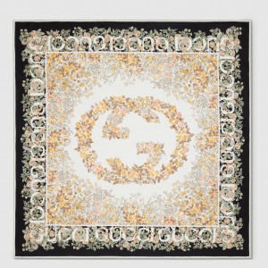 Gucci Interlocking G Floral Shawl in Black/Beige Cashmere