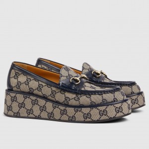 Gucci Women's Horsebit Wedge Loafers in Blue GG Canvas