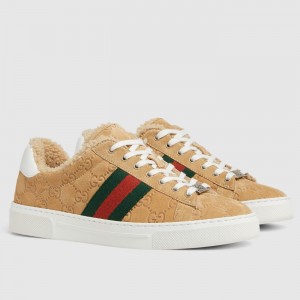Gucci Women's Ace Sneakers in Beige GG Suede with Shearling