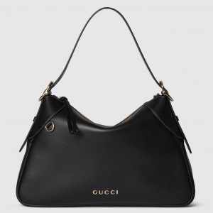 Gucci GG Emblem Medium Shoulder Bag in Black Calfskin