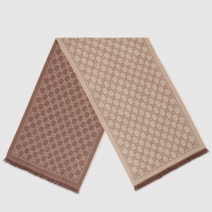 Gucci Double GG Jacquard Wool Scarf in Beige and Brown