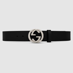 Gucci Black Leather Belt 38MM with Silver Interlocking G Buckle 