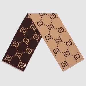 Gucci GG Jacquard Wool Silk Scarf in Brown and Beige