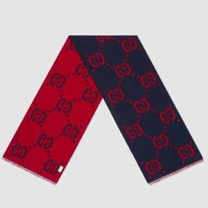 Gucci GG Jacquard Wool Silk Scarf in Blue and Red 