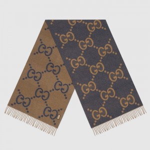 Gucci GG Cashmere Jacquard Scarf in Blue and Beige