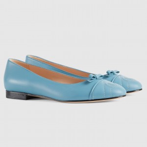 Gucci Ballet Flats in Blue Leather with Stitched Interlocking G
