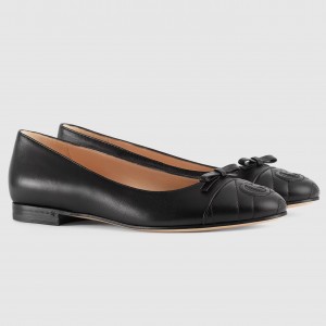 Gucci Ballet Flats in Black Leather with Stitched Interlocking G