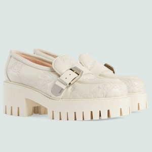 Gucci Women's Lug Sole Loafers in White Matelasse Leather Leather