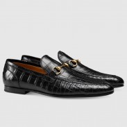 Gucci Men's Jordaan Loafers in Black Crocodile Embosses Leather