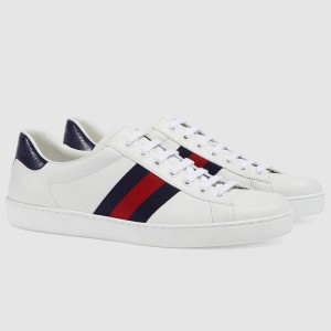 Gucci Men's Ace Sneakers in White Leather with Blue & Red Web