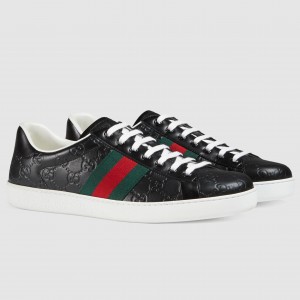 Gucci Men's Ace Sneakers in Black Signature Leather with Web
