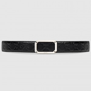 Gucci Black Signature Leather Belt 38MM with Rectangular Buckle