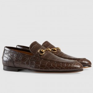 Gucci Men's Jordaan Loafers in Brown Crocodile Embosses Leather