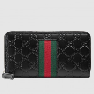 Gucci Zip Around Wallet in Black Signature Leather with Web