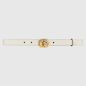 Gucci GG Marmont Thin Belt 20MM in White Leather with Shiny Buckle