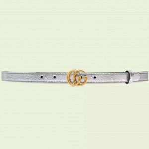Gucci GG Marmont Thin Belt 20MM in Silver Lame leather