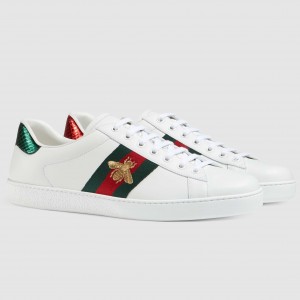 Gucci Men's Ace Sneakers in White Leather with Bee
