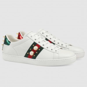 Gucci Women's Ace White Sneakers with Studded & Pearl 