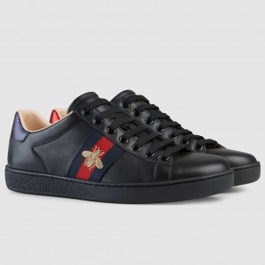 Gucci Women's Ace Sneakers in Black Leather with Bee