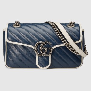 Gucci GG Marmont Small Shoulder Bag in Blue Diagonal Leather