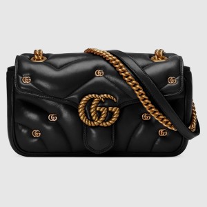 Gucci GG Marmont Small Shoulder Bag in Black Leather with Double G Studs