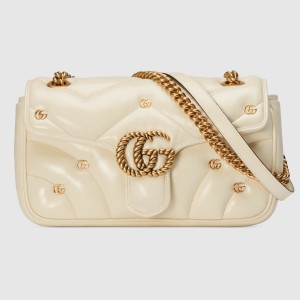 Gucci GG Marmont Small Shoulder Bag in White Leather with Double G Studs