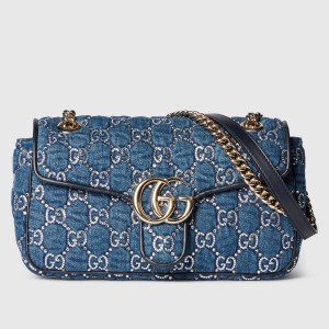 Gucci GG Marmont Small Shoulder Bag in Denim with Crystals GG 