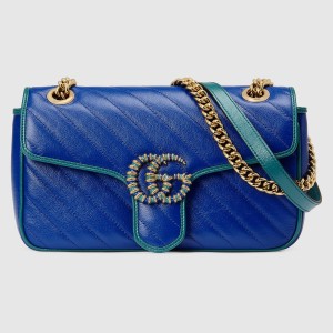 Gucci GG Marmont Small Shoulder Bag In Blue Matelasse Diagonal Leather