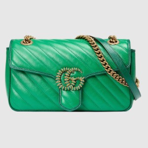 Gucci GG Marmont Small Shoulder Bag In Green Matelasse Diagonal Leather