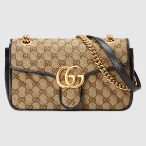 Gucci GG Marmont Small Shoulder Bag in Original GG Canvas with Black Leather
