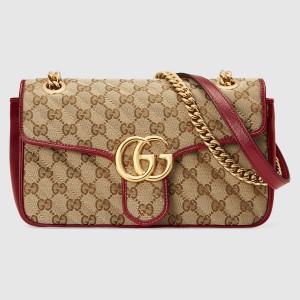 Gucci GG Marmont Small Shoulder Bag in Original GG Canvas with Red Leather