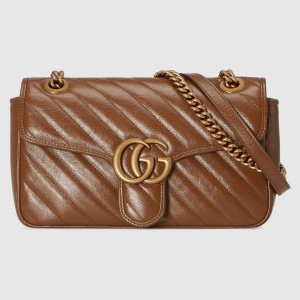 Gucci GG Marmont Small Shoulder Bag in Brown Diagonal Leather